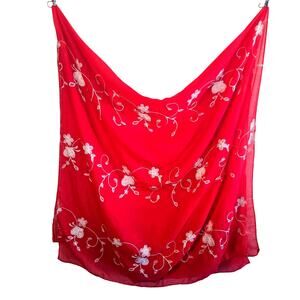 Red Sheer Embroidered Floral Scarf Wrap Lightweight Boho Cottagecore